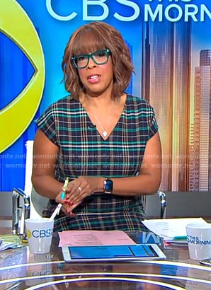 Gayle’s plaid v-neck dress on CBS Mornings