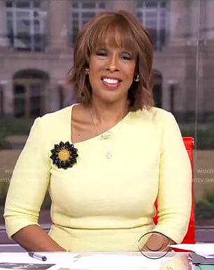 Gayle’s yellow asymmetric neckline dress on CBS Mornings