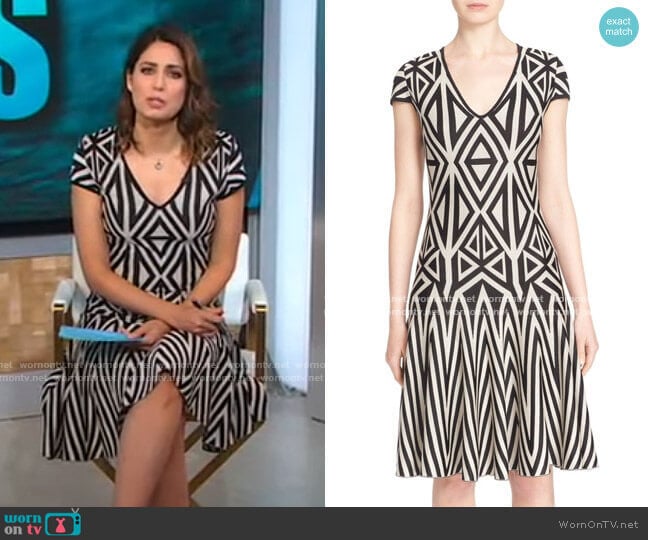 Geometric Knit Fit & Flare Dress by St John Collection worn by Cecilia Vega on Good Morning America