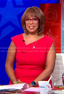 Gayle’s red asymmetric neck dress on CBS Mornings