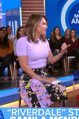 Ginger’s lilac ribbed top and floral skirt on Good Morning America