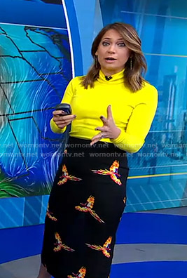 Ginger’s yellow top and bird print skirt on Good Morning America