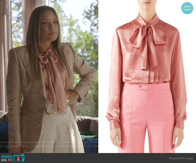 Tie-Neck Washed Silk Satin Shirt by Gucci worn by Dominique Deveraux (Michael Michele) on Dynasty