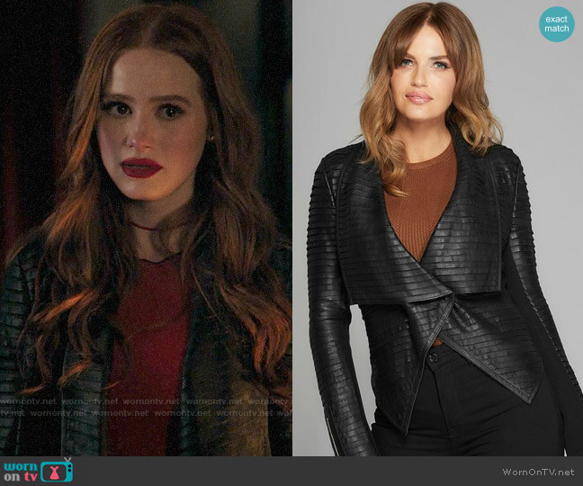 Guess Shayna Drape Leather Jacket worn by Cheryl Blossom (Madelaine Petsch) on Riverdale