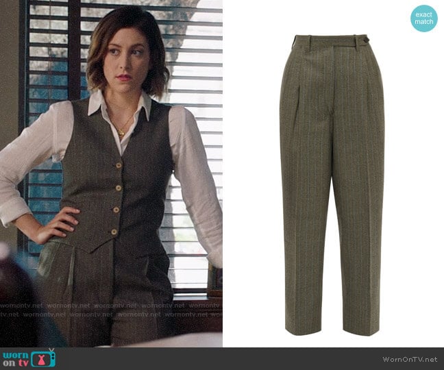 Giuliva Heritage Collection The Cornelia pinstriped wool trousers worn by Sydney Strait (Caitlin McGee) on Bluff City Law