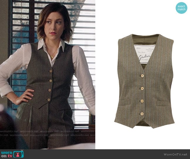 Giuliva Heritage Collection The Andrea pinstriped wool waistcoat worn by Sydney Strait (Caitlin McGee) on Bluff City Law