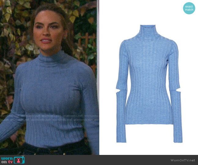 Helmut Lang Cutout ribbed wool turtleneck top worn by Jordan Ridgeway (Chrishell Hartley) on Days of our Lives