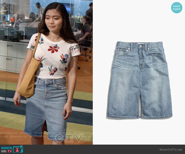 Madewell Denim High Rise Skirt worn by Joy (Jessica Lu) on God Friended Me