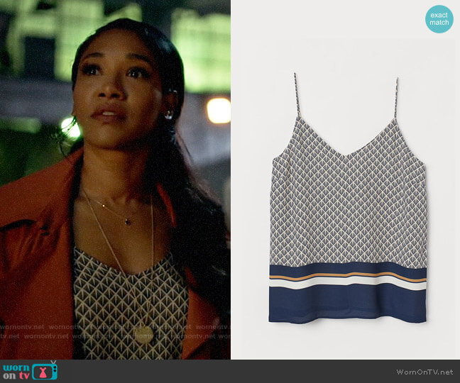 H&M V-neck Camisole Top in Dark Blue/Patterned worn by Iris West (Candice Patton) on The Flash