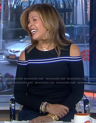 Hoda’s black cold-shoulder long sleeve top on Today