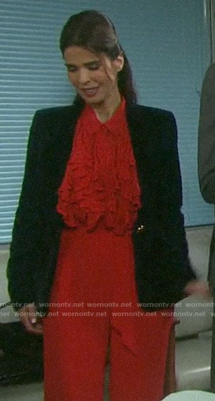 Hope’s red ruffled polka dot blouse and velvet blazer on on Days of our Lives