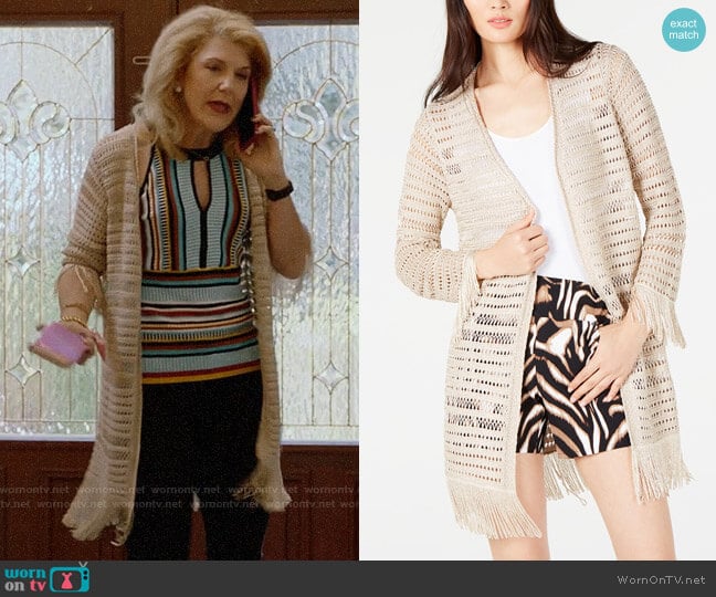 INC International Concepts Crochet Fringe Cardigan Completer worn by Diane Doyle (Victoria Clark) on Almost Family