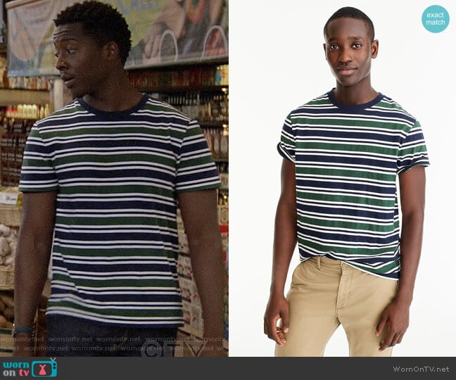 J. Crew Always 1994 T-shirt in blue-green stripe worn by Miles Finer (Brandon Micheal Hall) on God Friended Me