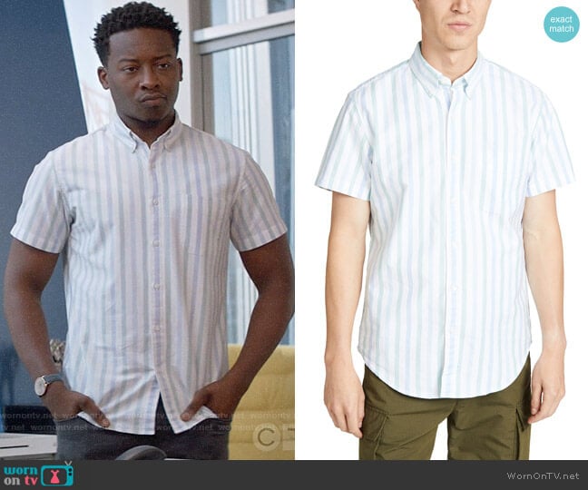 J. Crew Short Sleeve Pima Stretch Oxford Striped Shirt worn by Miles Finer (Brandon Micheal Hall) on God Friended Me