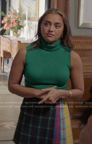 Jaya's green sleeveless turtleneck and mixed plaid skirt on God Friended Me