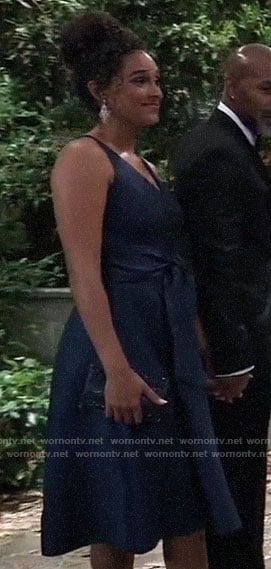 Jordan’s navy dress at Nina’s wedding on General Hospital