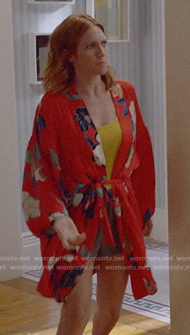 Julia's red floral robe on Almost Family