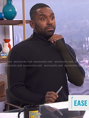 Justin’s black and khaki colorblock ribbed sweater on E! News Daily Pop