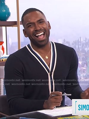 Justin’s navy contrast cardigan on E! News Daily Pop