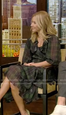 Kelly’s green plaid wrap dress on Live with Kelly and Ryan