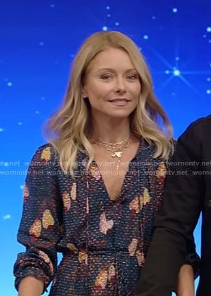 Kelly’s navy printed tie neck dress on Live with Kelly and Ryan