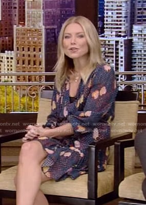 Kelly's navy printed tie neck dress on Live with Kelly and Ryan