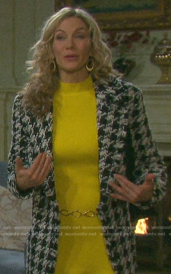 Kristen’s houndstooth coat and yellow dress on Days of our Lives