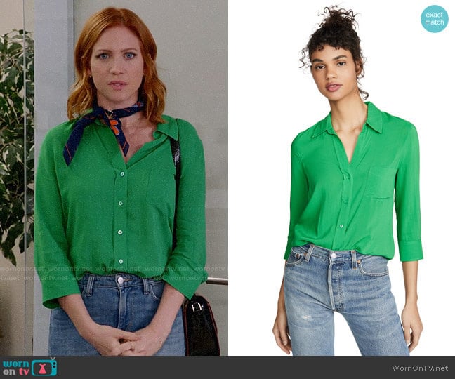 L'Agence Ryan Blouse in Gloss Green worn by Julia Bechley (Brittany Snow) on Almost Family