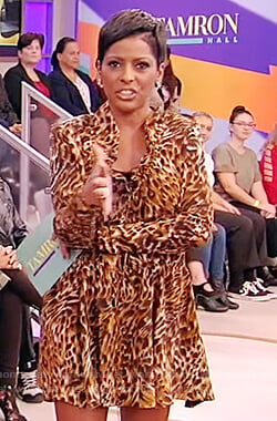 Tamron’s leopard silk mini dress on Tamron Hall Show