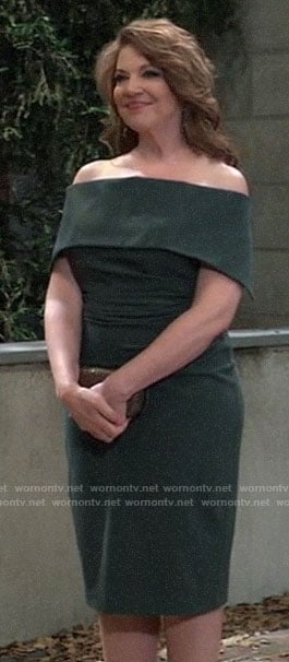 Liesl’s green off-shoulder dress at Nina’s wedding on General Hospital