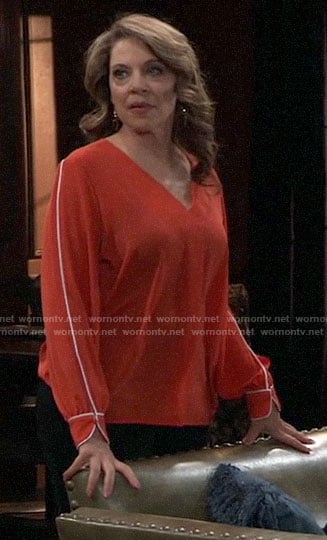 Liesl’s red v-neck top with white piping on General Hospital