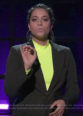 Lilly’s black belted blazer and neon top on A Little Late with Lilly Singh