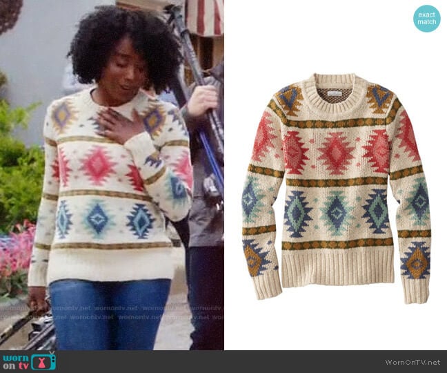 LL Bean Signature Cotton Slub Sweater in Natural Fair Isle worn by Simone Garnett (Kirby Howell-Baptiste) on The Good Place