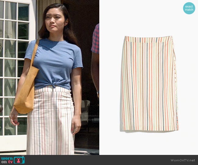 Madewell Button Slit Midi Skirt in Flecked Rainbow Stripe worn by Joy (Jessica Lu) on God Friended Me