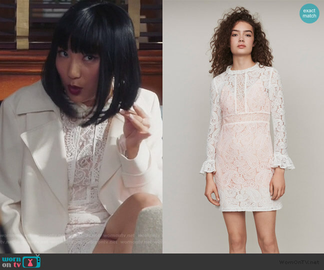 Short Guipure Lace Dress by Maje worn by Mei Lin (Poppy Liu) on Sunnyside