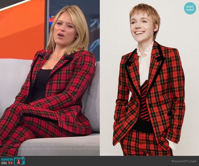 Velvet Piped Plaid Jacket by Maje worn by Sara Haines on Good Morning America