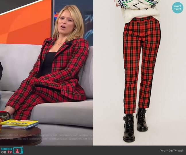 Velvet Piped Plaid Pants by Maje worn by Sara Haines on Good Morning America