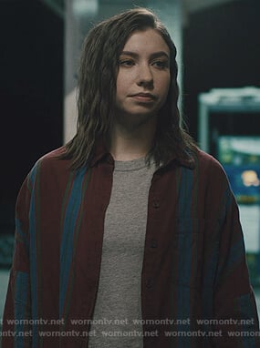 Sammi’s maroon striped shirt on Light as a Feather
