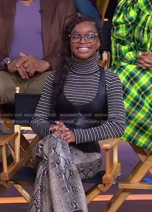 Marsai Martin’s striped turtleneck sweater and snakeskin pants on Good Morning America