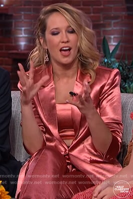 Anna Camp’s pink satin blazer and pants on The Kelly Clarkson Show