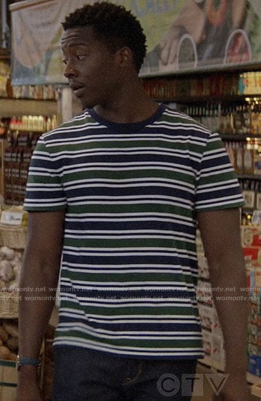 Miles's green and navy striped t-shirt on God Friended Me