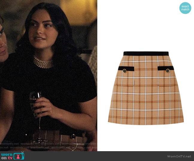 Miu Miu Velvet-trimmed checked woven mini skirt worn by Veronica Lodge (Camila Mendes) on Riverdale