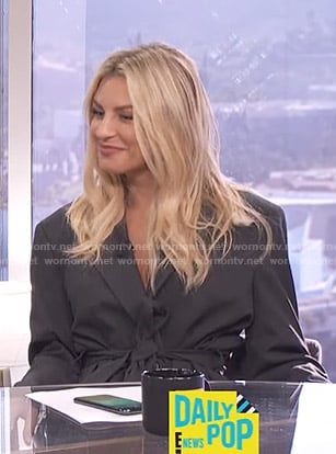 Morgan’s dark grey belted blazer on E! News Daily Pop