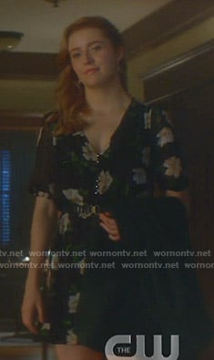 Nancy’s black floral v-neck dress on Nancy Drew