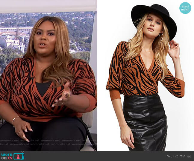 Zebra Stripe Wrap Sweater - 7th Avenue by New York & Company worn by Nina Parker on E! News