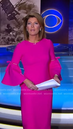 Norah’s pink bell sleeve dress on CBS Evening News