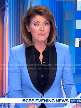 Norah’s blue contrast blazer on CBS Evening News