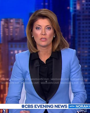 Norah’s blue contrast blazer on CBS Evening News