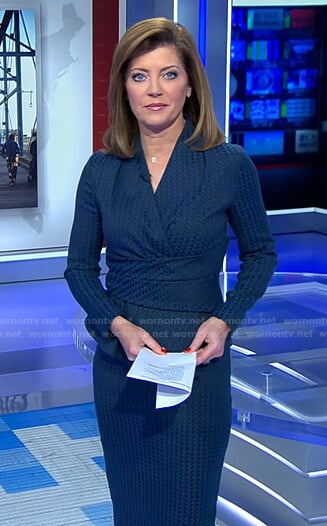 Norah’s blue herringbone wrap top and skirt on CBS Evening News