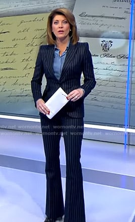 Norah’s navy pinstripe suit on CBS Evening News
